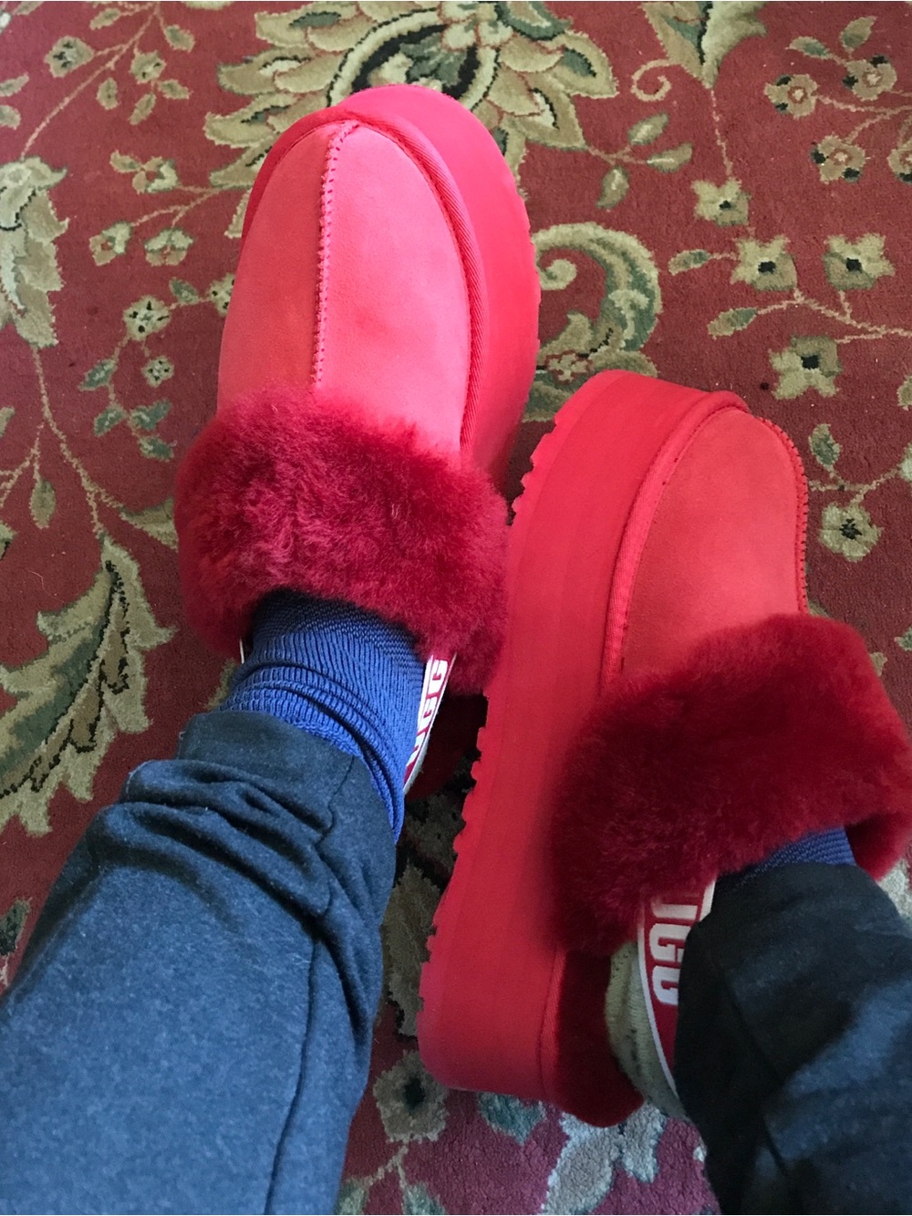 UGG Funkette Yeah Slingback Slippers Bright Red Shearling Platform Slides Size 8